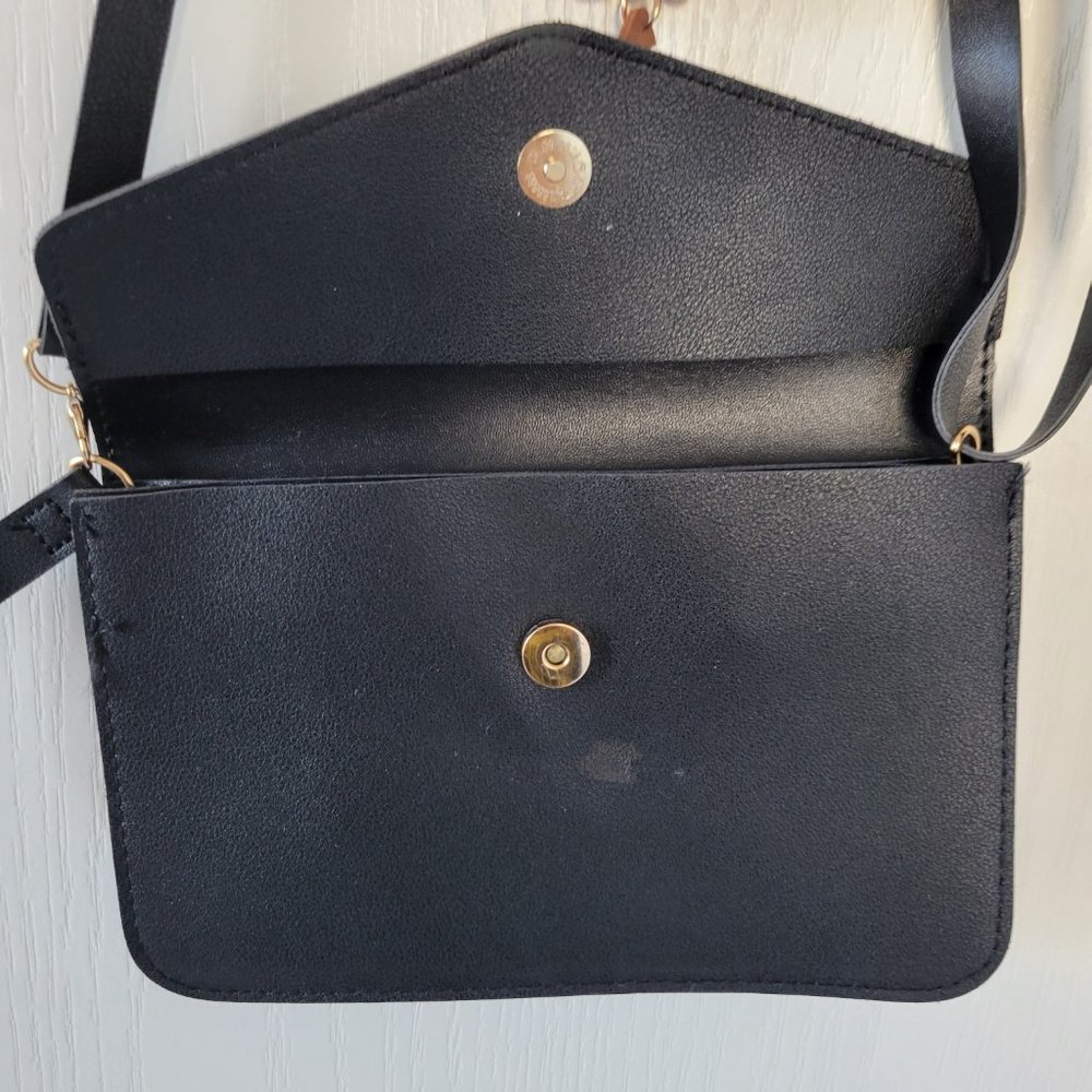 Small Black Leather Shoulder Purse Brown Leaf Autumn Wrist Strap Handbag Pocket - Picture 3 of 6